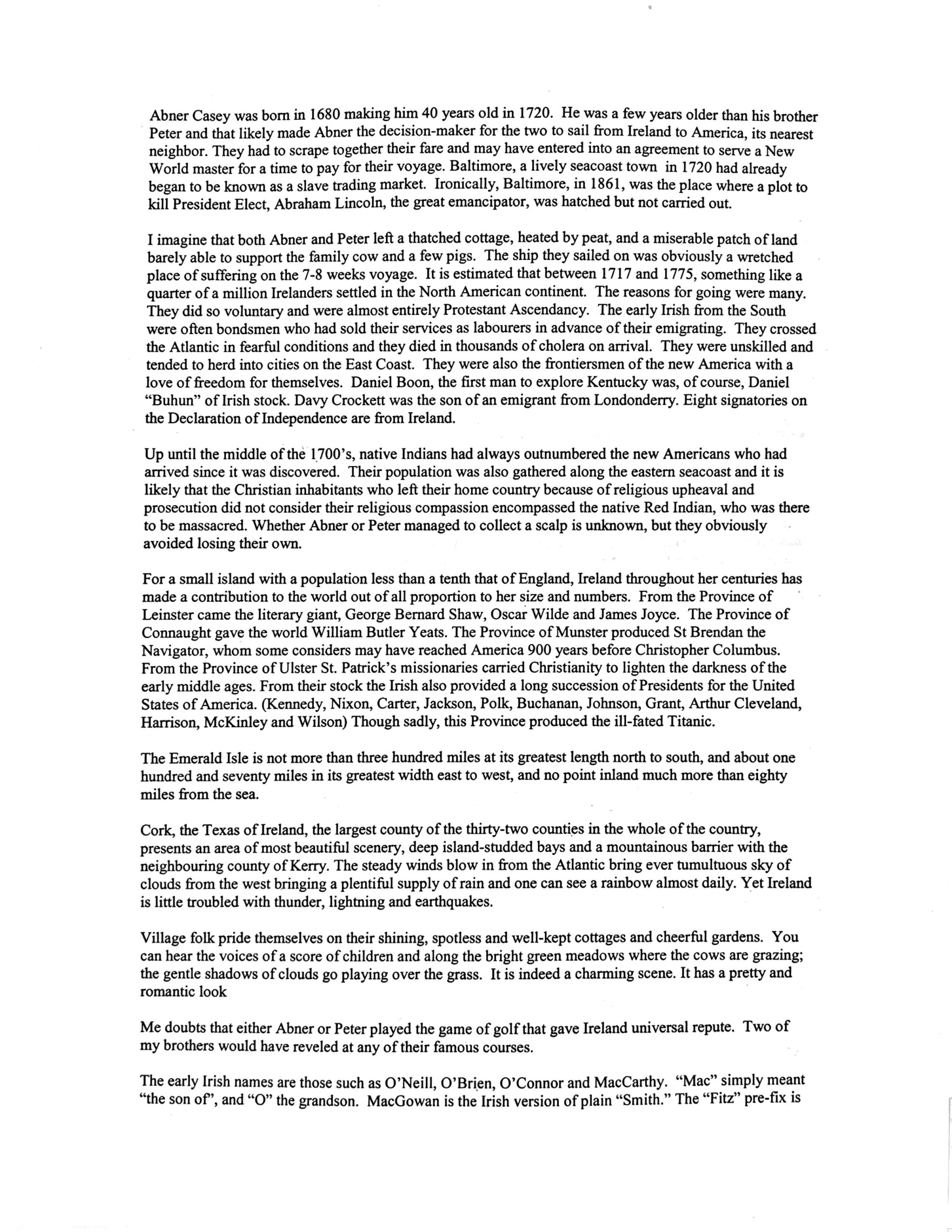 Original page 1 — Ireland (the Casey name & Abner Casey)